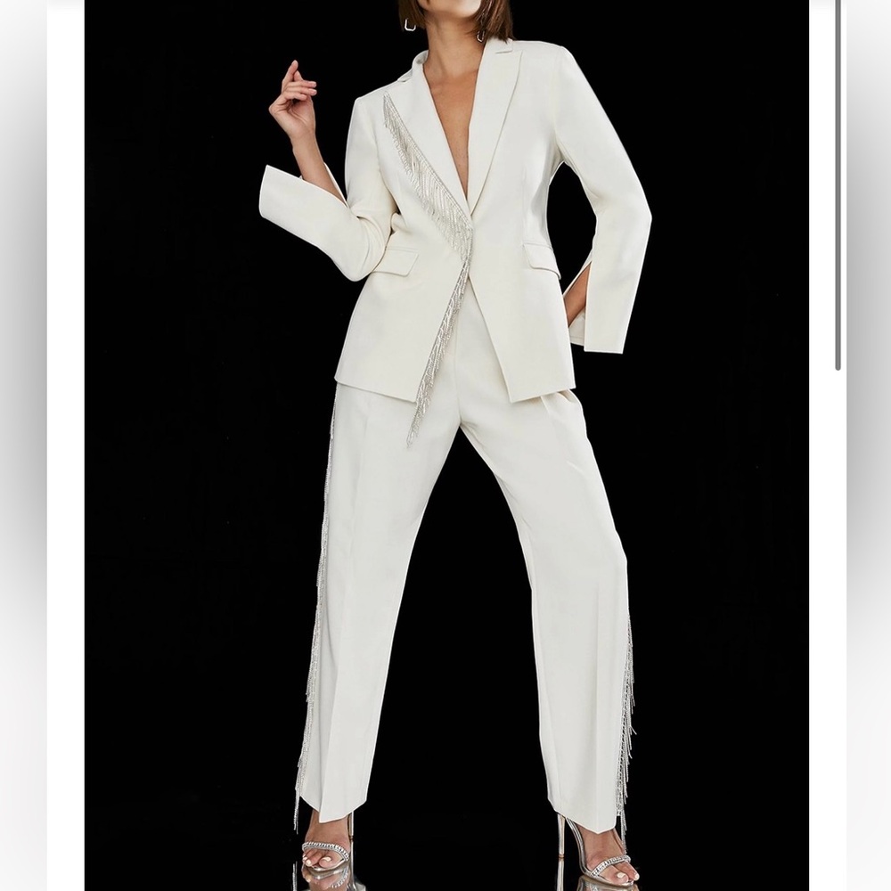 Karen Millen White Pantsuit, Crystal Fringe Lapel Diamanté Blazer and Pants